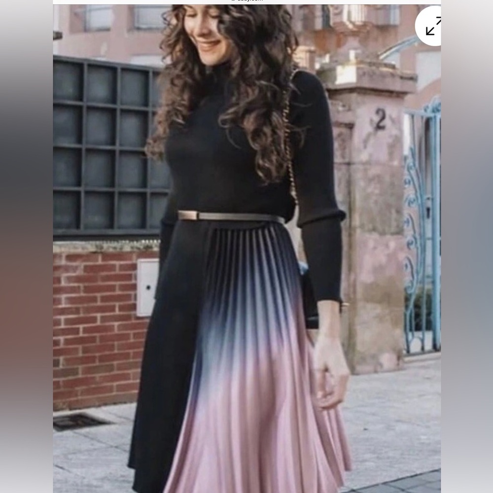 Dalia Mac Phee / Black Knit Maxi Dress with Pink & Blue Ombre Pleat
